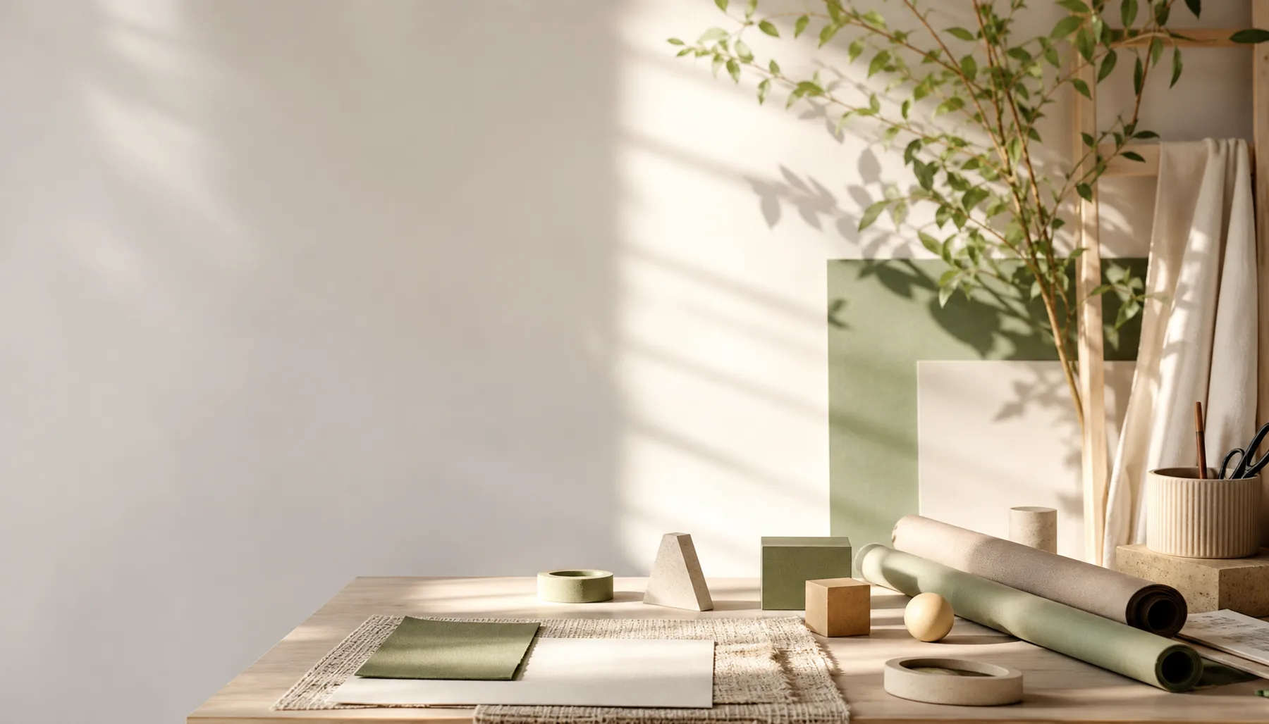 Helles Atelier mit Materialien in Grün- und Sandtönen